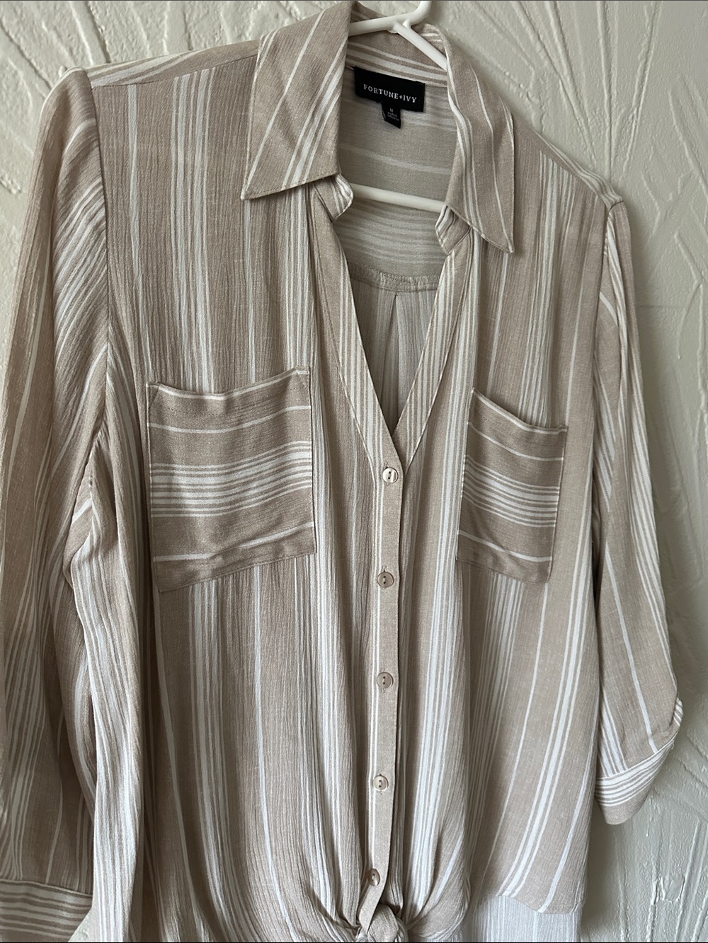 Fortune + Ivy Medium Beige and White Striped Button-Up Tie-Hem Blouse